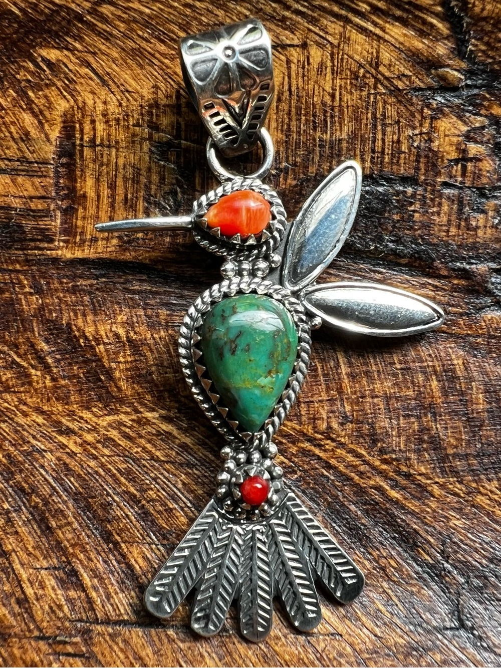 Sterling Silver Kingman Turquoise Spiny Oyster Coral Hummingbird Pendant